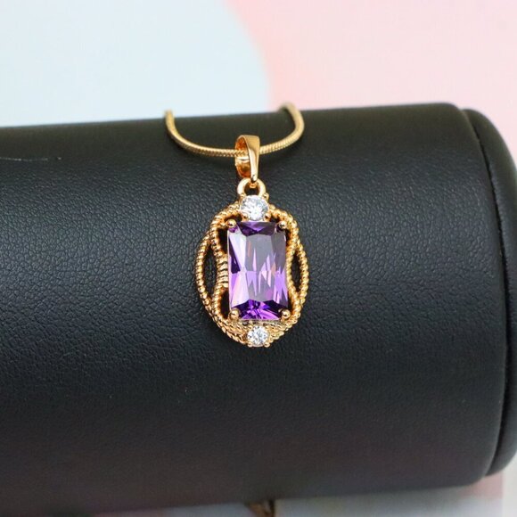 "Purple Rectangle Pendant with Gold Plated Frame and Crystal Accents, XPPT1683 - Picture 5 of 13